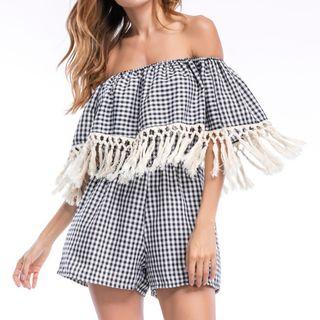 Tasseled Plaid Elbow Sleeve Playsuit