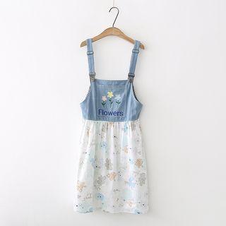 Flower Print Panel Denim Pinafore Dress