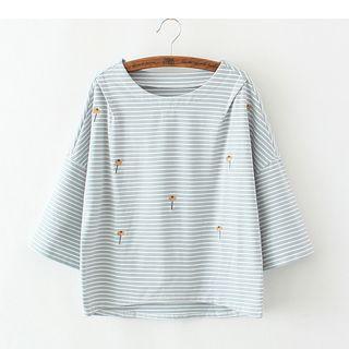 Striped Embroidered 3/4 Sleeve Top