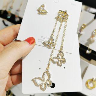 Non-matching Rhinestone Butterfly Fringed Earring 1 Pair - As Shown In Figure - One Size