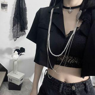 Short-sleeve Cropped Blazer / Heart Chain Brooch