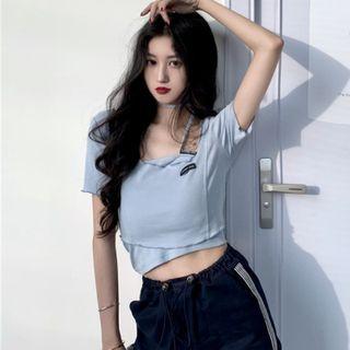 Short-sleeve Applique Cropped Top / Asymmetric Shoulder Applique Camisole