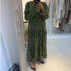 Long-sleeve Floral Maxi Chiffon Dress Green - One Size