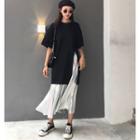 Elbow-sleeve Long T-shirt / A-line Midi Skirt