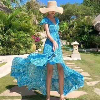 Cap-sleeve Patterned Open-back Chiffon A-line Dress