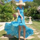 Cap-sleeve Patterned Open-back Chiffon A-line Dress