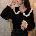 Long-sleeve Lace Trim Velvet Shirt Black - One Size