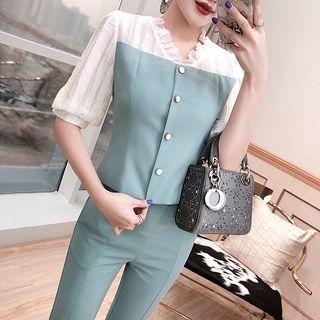 Set: Two-tone Elbow-sleeve Blouse + Boot-cut Dress Pants