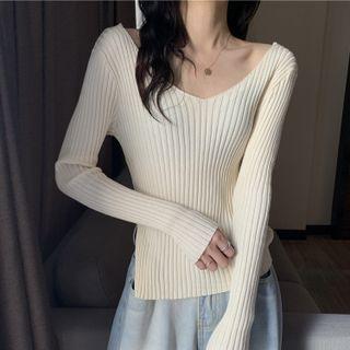 Side-slit Ribbed Knit Sweater