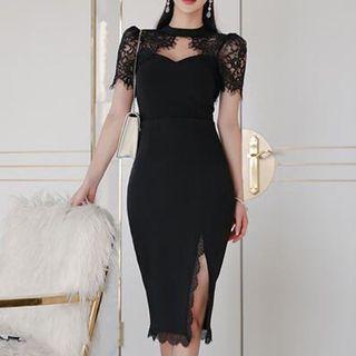 Set: Lace Panel Short-sleeve Top + Side Slit Pencil Skirt