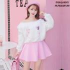 Set : Off-shoulder Smiley Long-sleeve Sweatshirt + Mini Skirt