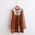 Bear Embroidered Frill Trim Collared Long Sleeve Corduroy Dress