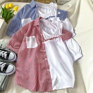 Asymmetrical Short-sleeve Stripe Panel T-shirt