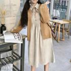 Long-sleeve Midi Pleated Collared Dress / Open-front Cardigan