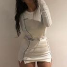 Set: Contrast Stitch Long-sleeve Crop Top + Contrast Stitch Mini A-line Skirt