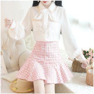 Set: Tie-neck Chiffon Blouse + Check Buttoned Skirt