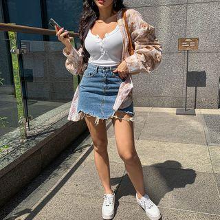 Fringed-hem Mini Denim Skirt