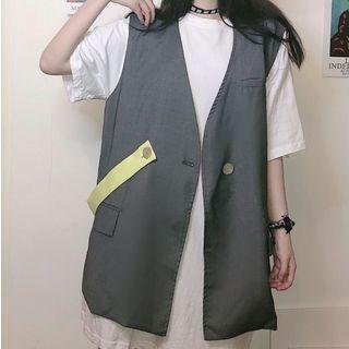 Plain Short-sleeve Tunic T-shirt / Buttoned Vest