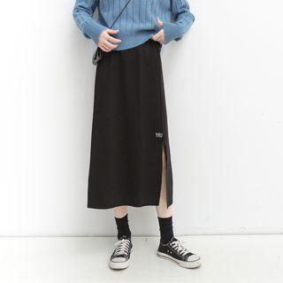 Number Embroidered Slit Midi A-line Knit Skirt Black - One Size