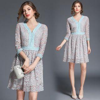 Gathered-waist V-neck A-line Sheath Plain Panel Lace Dress