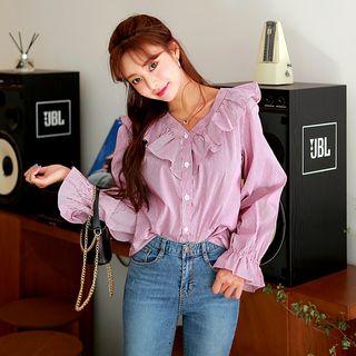 Bell-sleeve Frilled Stripe Blouse