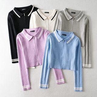 Collared Zip-up Ribbed Knit Cardigan