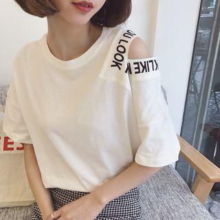 Elbow-sleeve Cutout Shoulder Lettering T-shirt