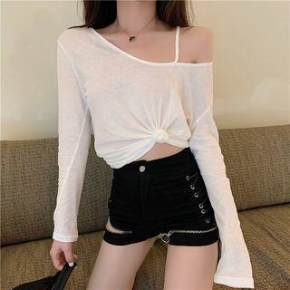 Long-sleeve Off-shoulder Plain Camisole Sheer Top