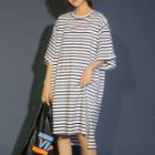 3/4 Sleeve Striped High-low Midi Dress