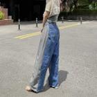 Drawstring Denim-panel Pants Gray - One Size