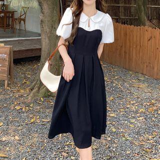 Mock Two-piece Short-sleeve Peter Pan Collar A-line Dress