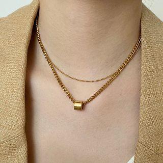 Pendant Stainless Steel Layered Necklace E695 - Gold - One Size