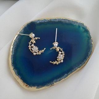 Faux Pearl Rhinestone Moon Earring 1 Pair - As Shown In Figure - One Size
