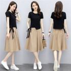 Set: Short-sleeve Drawstring T-shirt + Midi A-line Skirt