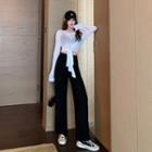 Tie-waist Long-sleeve Cropped Top / High-waist Wide-leg Pants