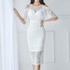 Short-sleeve Cold Shoulder Lace Midi Sheath Dress