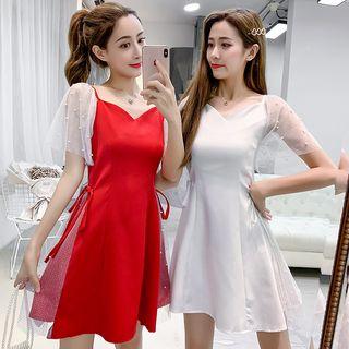 Short-sleeve Embellished A-line Dress