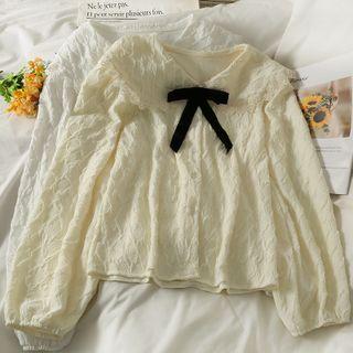 Ribbon-accent Peter Pan-collar Loose Lace Shirt