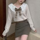 Long-sleeve V-neck Ribbon Top / High-waist Mini Skirt