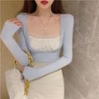 Long-sleeve Mesh Panel Knit Top Blue - One Size