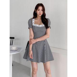 Square-neck Lace-trim Gingham Minidress