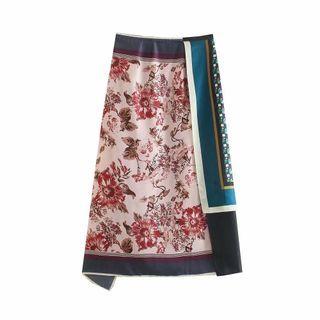 Flower Print Panel Midi A-line Skirt