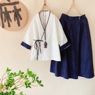 Long-sleeve Traditional Chinese Wrap Top / Midi A-line Skirt