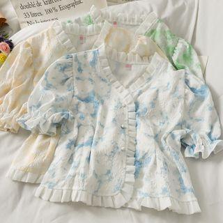 Embossed Ruffled-trim Printed Crop Shirt