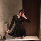 V-neck Long-sleeve Lace-up Glitter A-line Dress Black - One Size