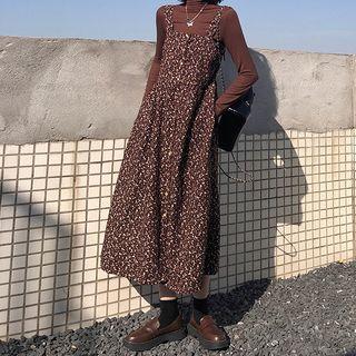 Long-sleeve Turtleneck Top / Floral Print Midi A-line Overall Dress
