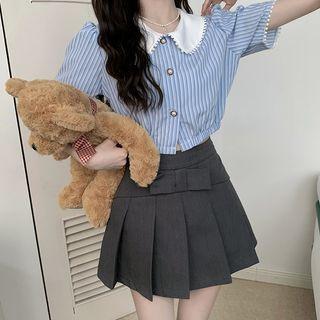 Short-sleeve Striped Lace Trim Shirt / Bow Pleated A-line Skirt