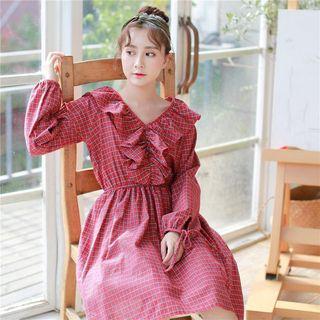 Long-sleeve Ruffle-trim Plaid A-line Dress