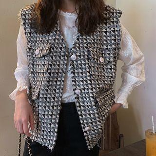Plaid Waistcoat / Lantern Sleeve Plain Blouse