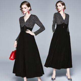 Glitter V-neck Long-sleeve A-line Maxi Dress